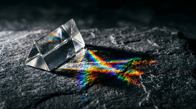 Glass triangular prism casting vibrant spectral rainbow colors onto a rough dark textured rock surface creating elegant lighting .
