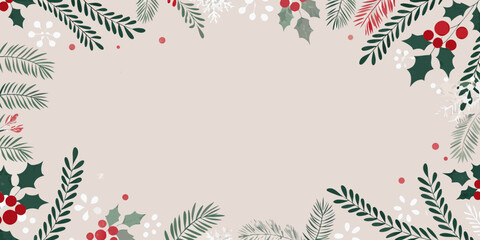 Holly and pine branch floral ornament illustration with red berries on a beige background berry laden botanical christmas card decoration eve conifer coniferous cream colored © Lalin