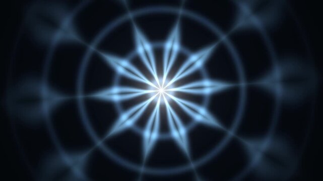 Abstract blue light mandala animation, glowing geometric radial pattern background