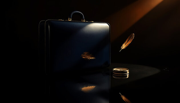 Luxury briefcase with golden feather and coins in dramatic lighting