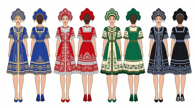 Kokoshnik dress collection flat drawing set front and back view four colors modern style isolated on white background