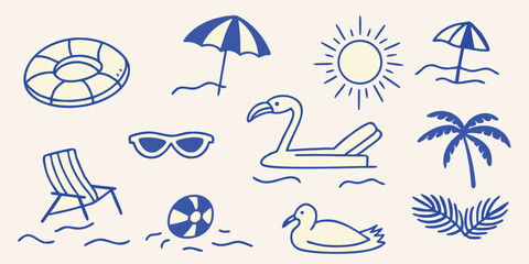 Collection of blue line art summer elements including a beach ball umbrella and palm tree inflatable ring parasol sun sunshine tropical plant flamingo © Lalin