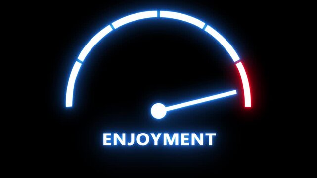 Neon enjoyment gauge meter animation rising to maximum level on black background, indicator