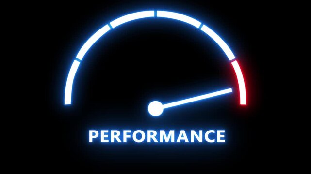 Neon performance gauge meter animation: business growth and efficiency concept speedometer