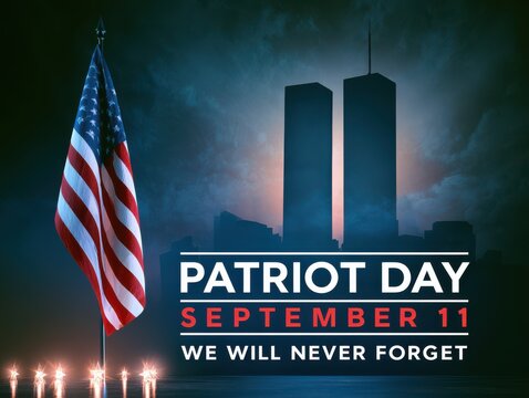 Patriot day memorial with american flag and twin towers silhouette