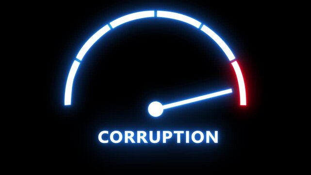 Neon corruption gauge meter rising to critical levels: digital concept of ethical decline and risk management