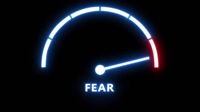 Fear gauge meter animation: rising anxiety and panic level indicator with glowing neon for financial market or psychological concepts