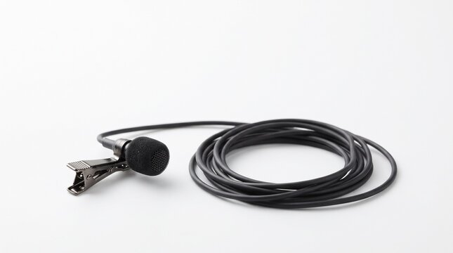 Black Lavalier Microphone with Clip and Coiled Cable on White Background 