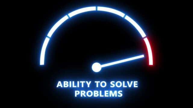 Ability to solve problems gauge: neon speedometer representing business efficiency, analytical skills, and strategic thinking progress