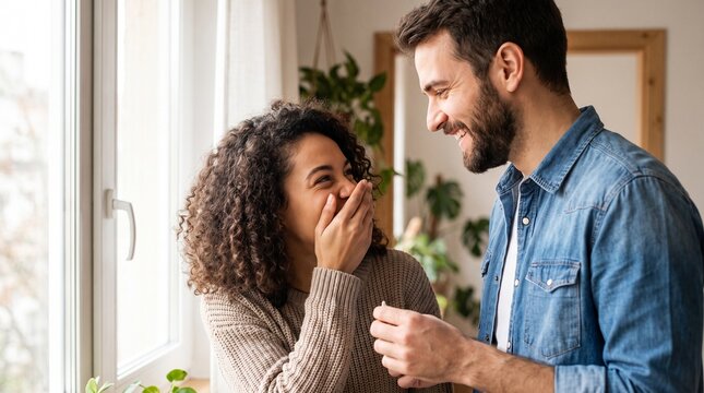 Joyful Moment: A laughing couple shares a happy moment indoors, near a window, with plants in the background. Capturing intimacy and connection.