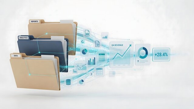 Office folders dissolving into structured data streams &ndash; Ideal for document digitization, big data, and business intelligence.