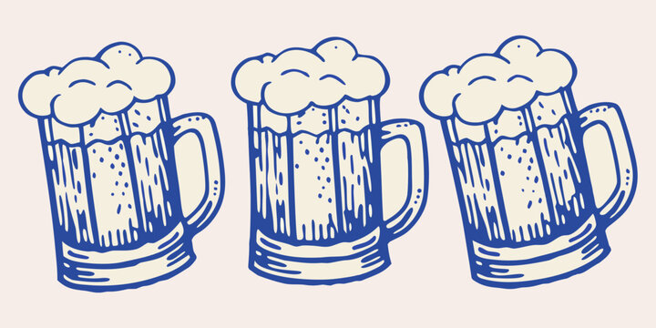 beer mugs trio with froth vector illustration