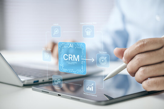 Business professional using AI-powered CRM system on digital tablet with stylus, customer relationship management workflow, sales automation, customer data analysis, digital transformation, technology