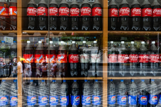 July 9, 2025, Caracas, Venezuela. Soda display case. CocaCola and Pepsi Sodas