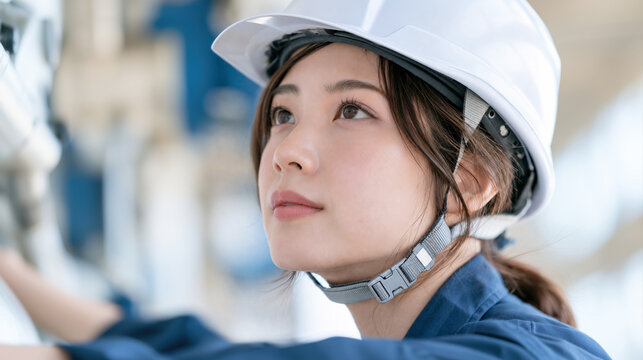 工場で機械の点検を行う真剣な表情の女性技術者