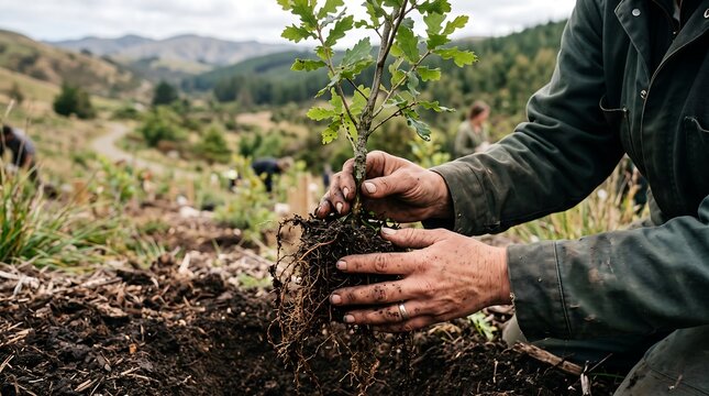 A person carefully planting a small green tree seedling into the soil during a reforestation project outdoors
