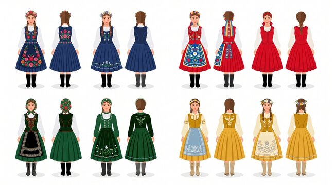 Hungarian Folk Dress Collection Front and Back View in Different Colors Isolated on White Background