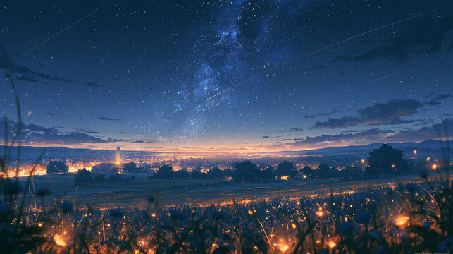 夜空に輝く天の川と光る町並みの幻想的な風景