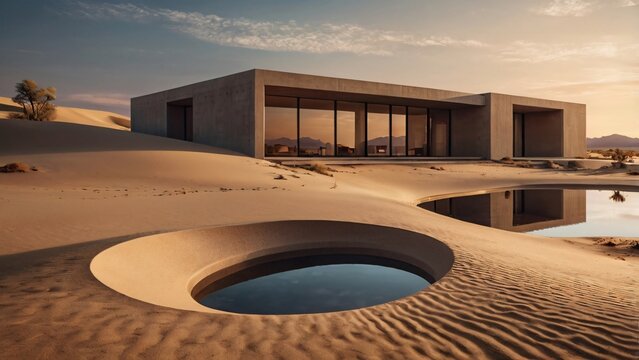 Modern minimalist desert villa with concrete architecture and serene water pools at sunset
