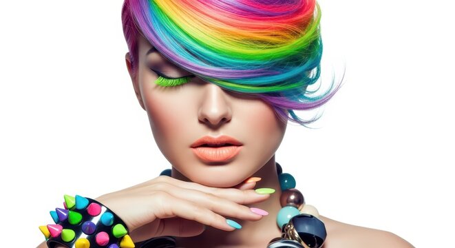Fashion Portrait of a Young Woman with Creative Rainbow Hairstyle, Bright Makeup, and Colorful Jewelry