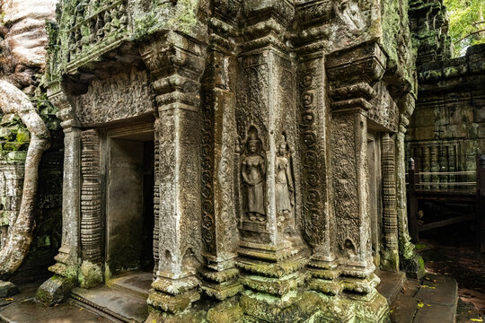 Ancient stone temple details of Ta Prohm Temple in Cambodia