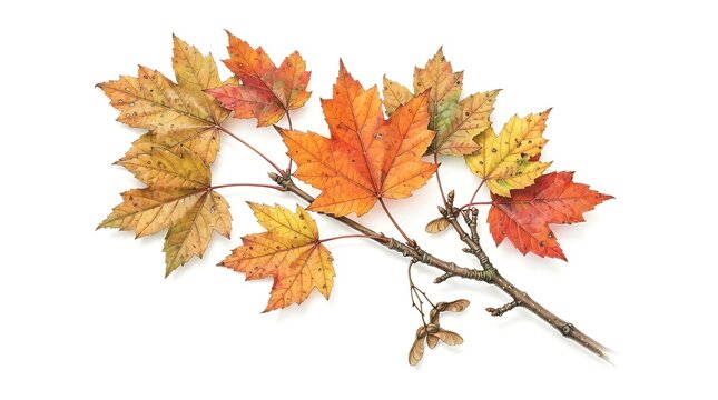 Autumn maple leaves branch with seeds isolated on white background