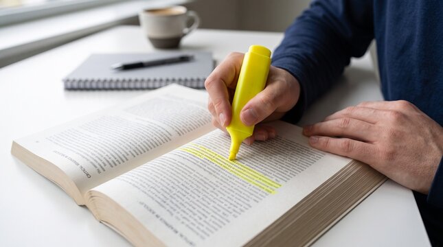 Student highlighting text in textbook: close-up of person using a yellow marker to study and review notes on a desk for education and learning marketing