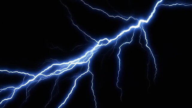 A bright blue bolt of lightning strikes across a dark night sky.