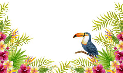 Obraz premium Tropical flowers and greenery frame with toucan. Hand drawn watercolor painting with Tropic flowers and palm leaves.