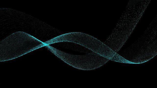 Cyan point cloud ribbons crossing over deep black, forming layered wave bands with glowing highlights, granular dot texture, transparent overlays, and strong diagonal depth