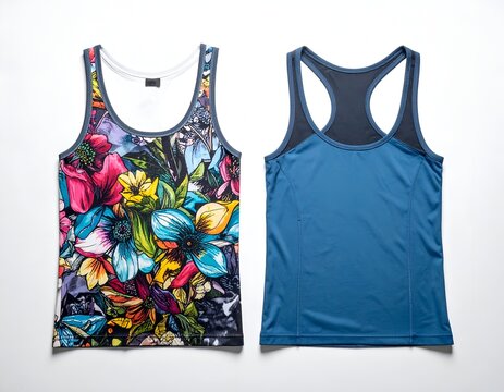 Floral printed and solid navy blue racerback tank tops.