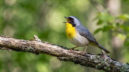 Fototapeta premium Northern Parula singing on a branch. Small colorful warbler perched in a forest.