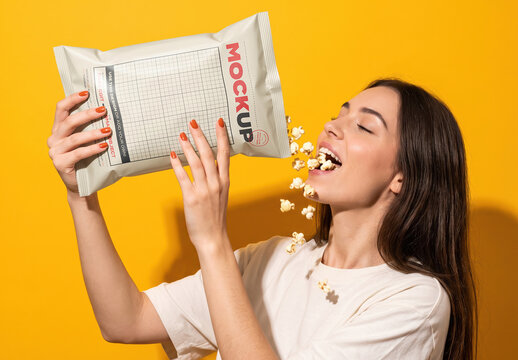 Woman Pouring Popcorn Snack Packaging Mockup