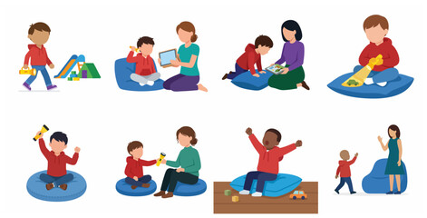 Fototapeta premium Flat illustration set of children and parents engaging in various learning and play activities, including using tablets and flashlights