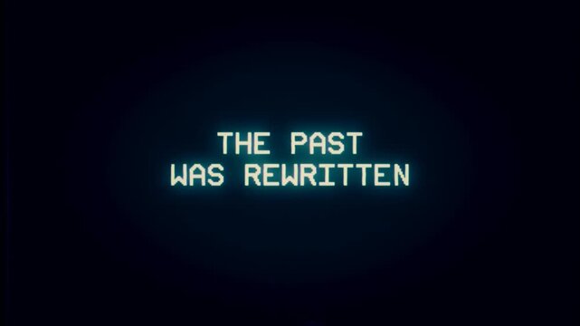 Retro digital text messages on a dark screen show YOUR NAME WAS CHANGED, THE PAST WAS REWRITTEN, MEMORY FILE: CORRUPTED, and DO YOU REMEMBER THIS? Evokes cybercrime and manipulation.
