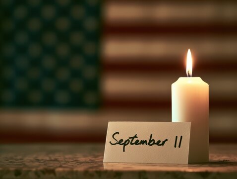 White candle lit on september 11 memorial card