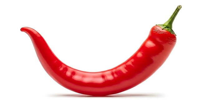 Vibrant red chili pepper isolated on white background with green stem
