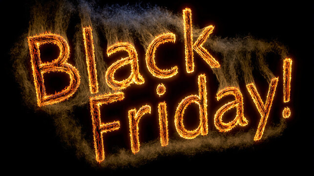 Black Friday promotional banner featuring burning text typography with bright orange and yellow flames against a solid black background, ideal for retail sales marketing and advertising