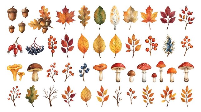 Collection of autumn leaves berries acorns and mushrooms watercolor illustrations