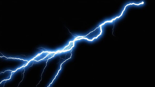 A bright blue lightning bolt strikes across a dark black night sky background.