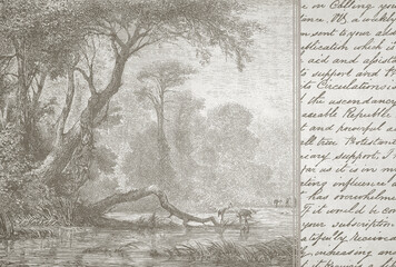 Vintage landscape etching with handwritten text background, antique monochrome illustration. Design for wallpaper, photo wallpaper, fresco, mural and other. © obscur_a