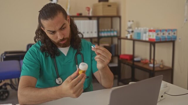 Man doctor in scrubs with stethoscope examining pill bottle and pill with hands in clinic building; medication safety concern.