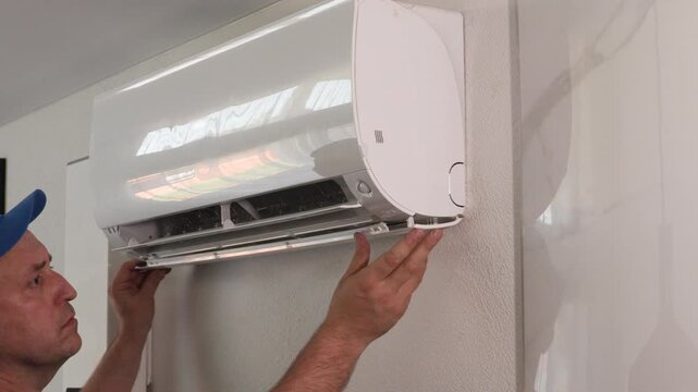 Technician reattaches front grille on wall mounted split air conditioning indoor unit during residential maintenance and cleaning service inside bright modern home interior