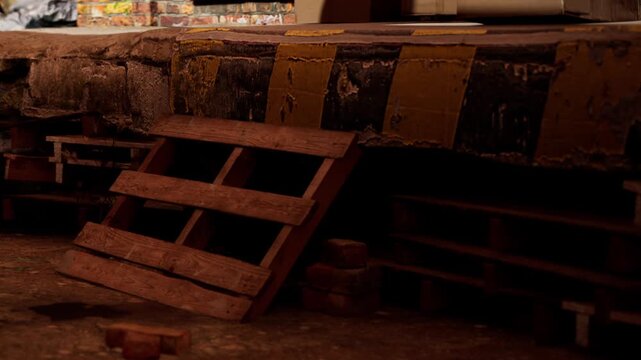 Wooden pallets are arranged near a loading dock. The dock has a rough surface with yellow stripes visible. The area is surrounded by brick walls. It appears to be an industrial zone.