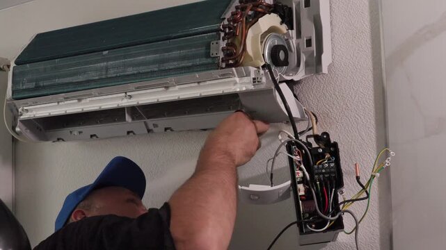 Technician adjusting wall mounted split air conditioning unit during indoor maintenance with screwdriver, removed front cover, exposed components, wiring, and cooling hardware