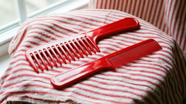 Two vibrant red plastic combs are neatly placed on a soft, striped fabric. This clean, essential personal care imagery promotes effective daily grooming routines and beauty maintenance.
