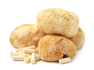 Functional mushrooms and pills isolated on white © New Africa