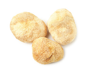 Functional Lion's mane mushrooms isolated on white, top view © New Africa