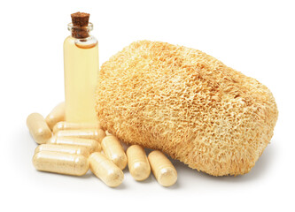 Functional mushroom, oil and pills isolated on white © New Africa