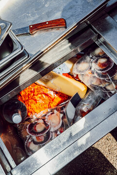 Chef's outdoor kitchen prep station with fresh ingredients